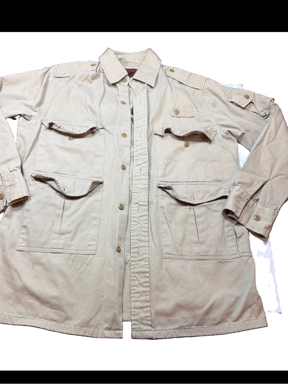 Boston Traders SAFARI Shirt men L Vintage Gorp Core Khaki Utility Cargo Pockets